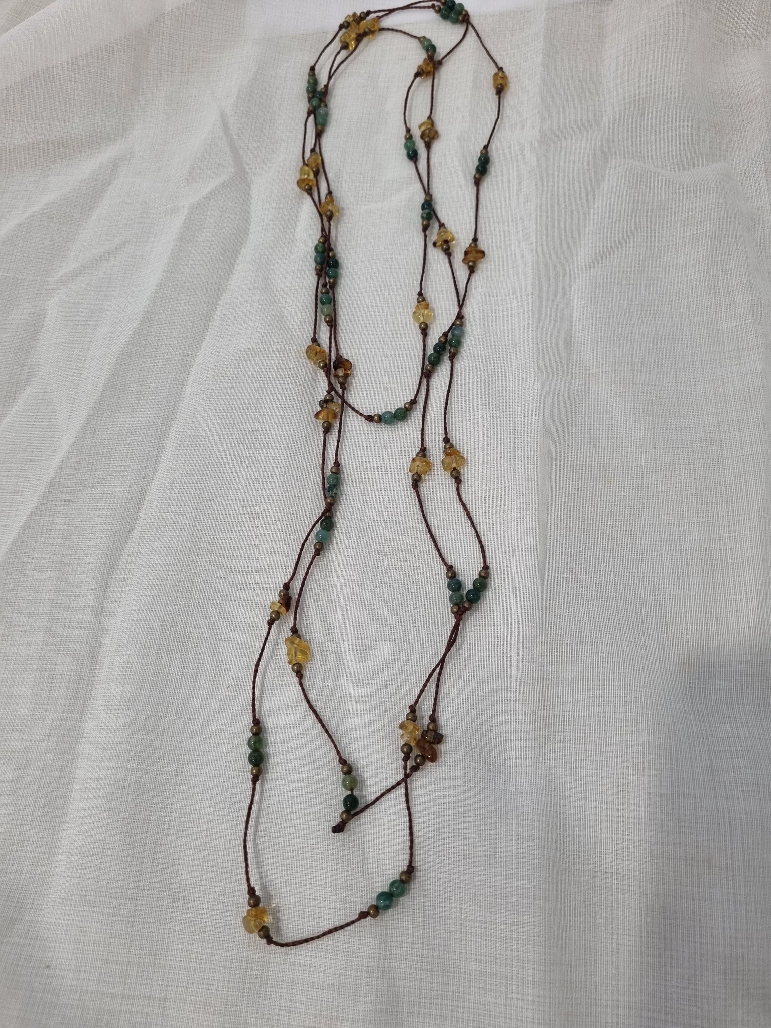 Handmade Amber, Jade & Pyrite Long Necklace