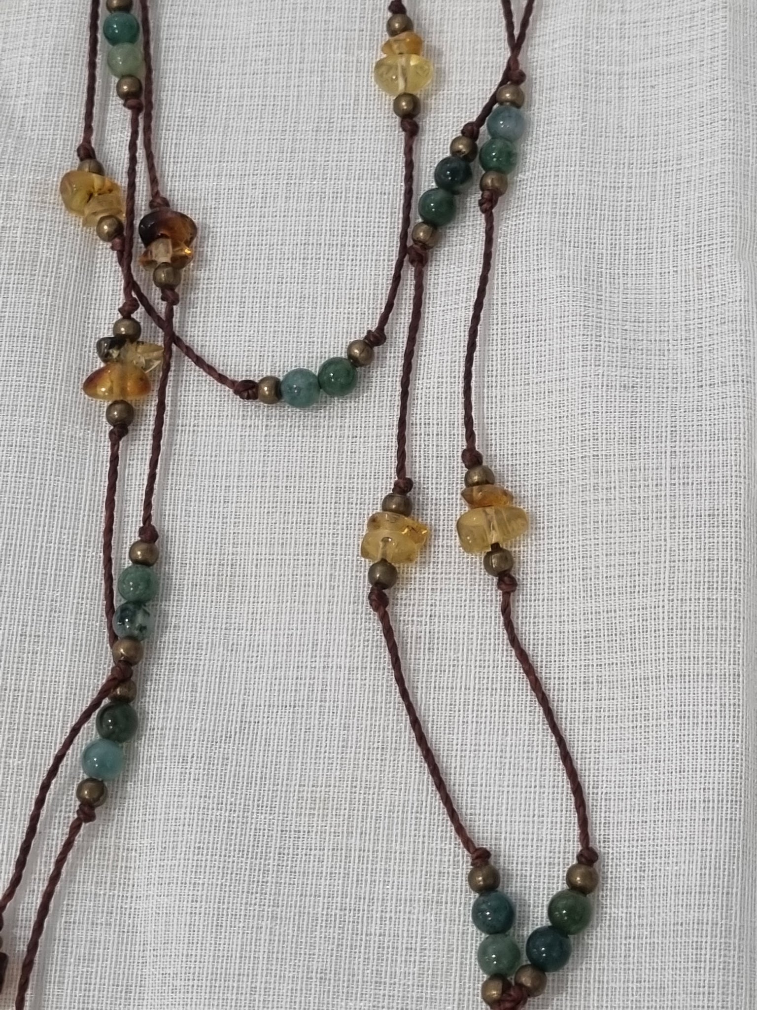 Handmade Amber, Jade & Pyrite Long Necklace