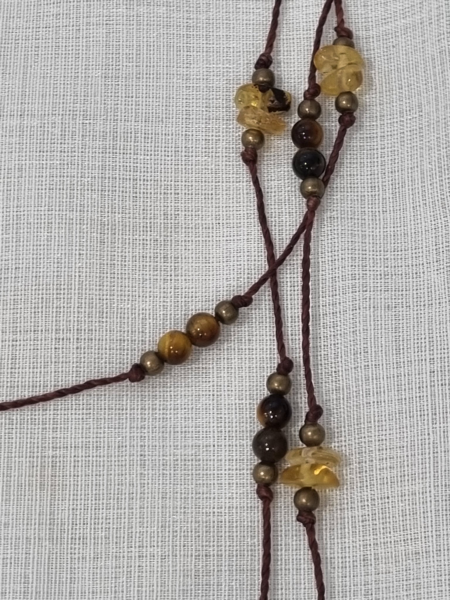 Handmade Amber, Tiger Eye & Pyrite Long Necklace