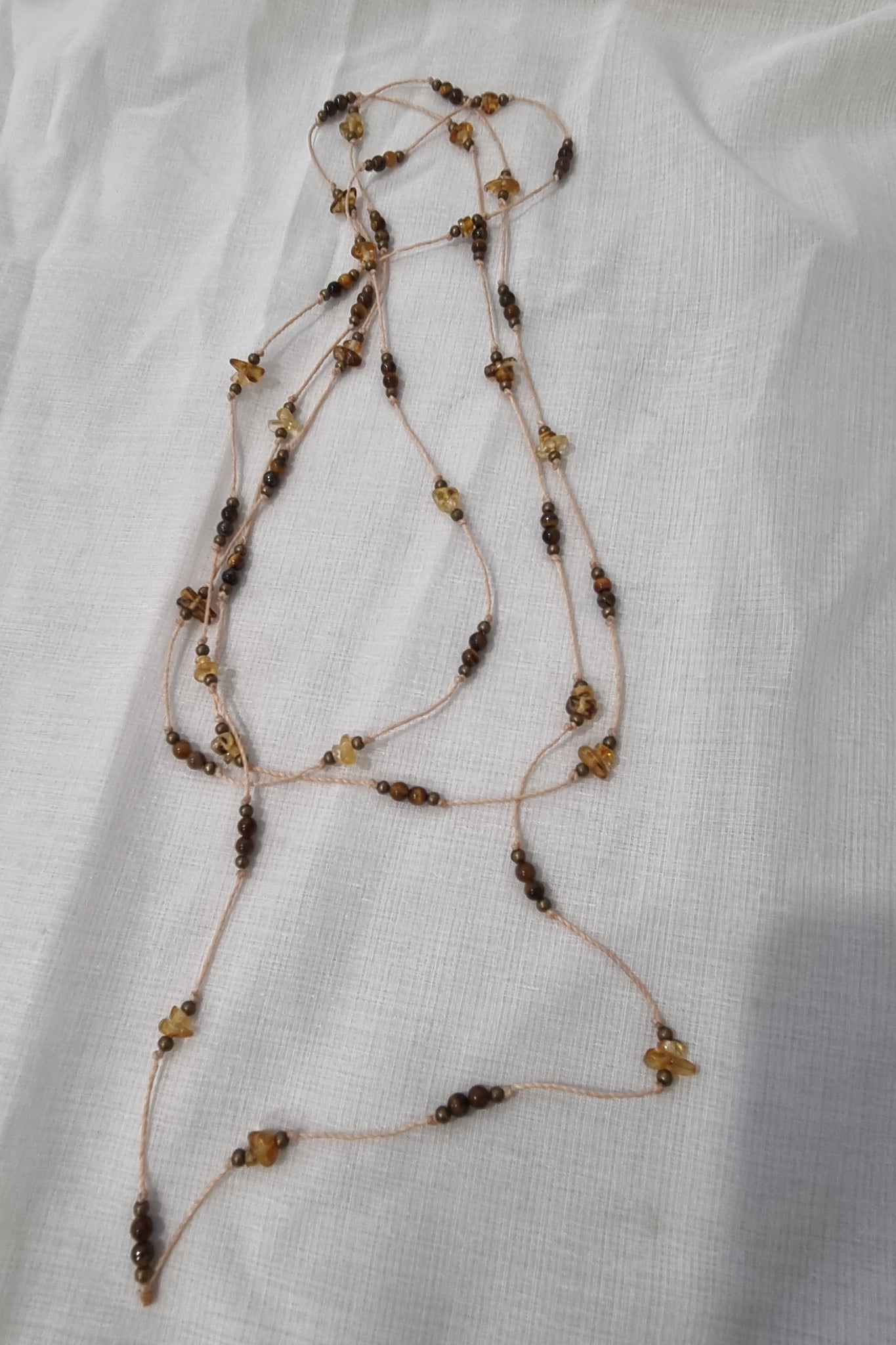 Handmade Amber, Tiger Eye & Pyrite Long Necklace
