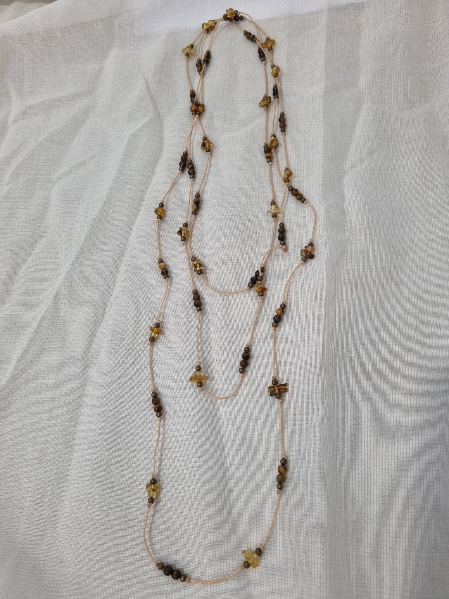 Handmade Amber, Tiger Eye & Pyrite Long Necklace