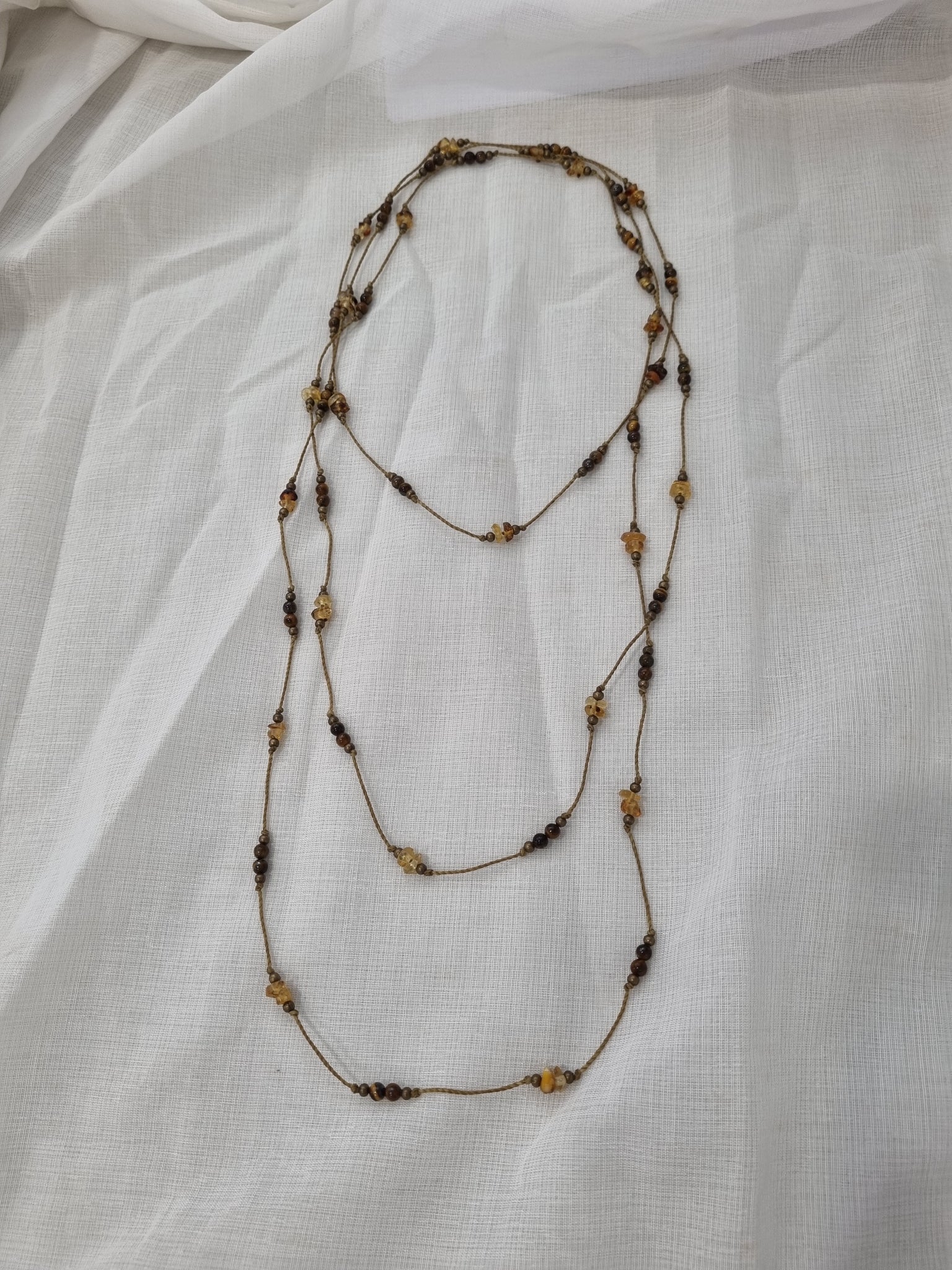 Handmade Amber, Tiger Eye & Pyrite Long Necklace