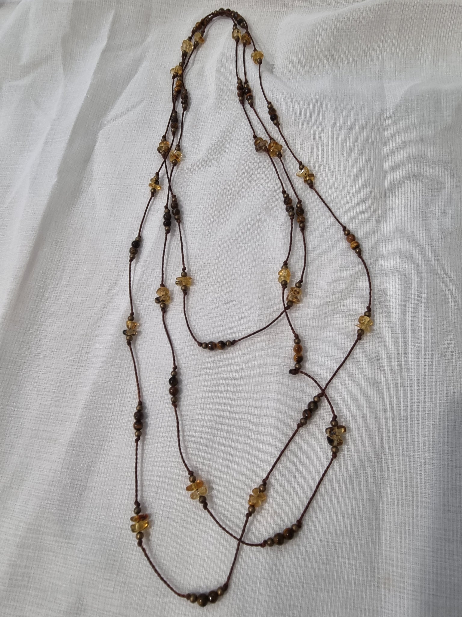 Handmade Amber, Tiger Eye & Pyrite Long Necklace