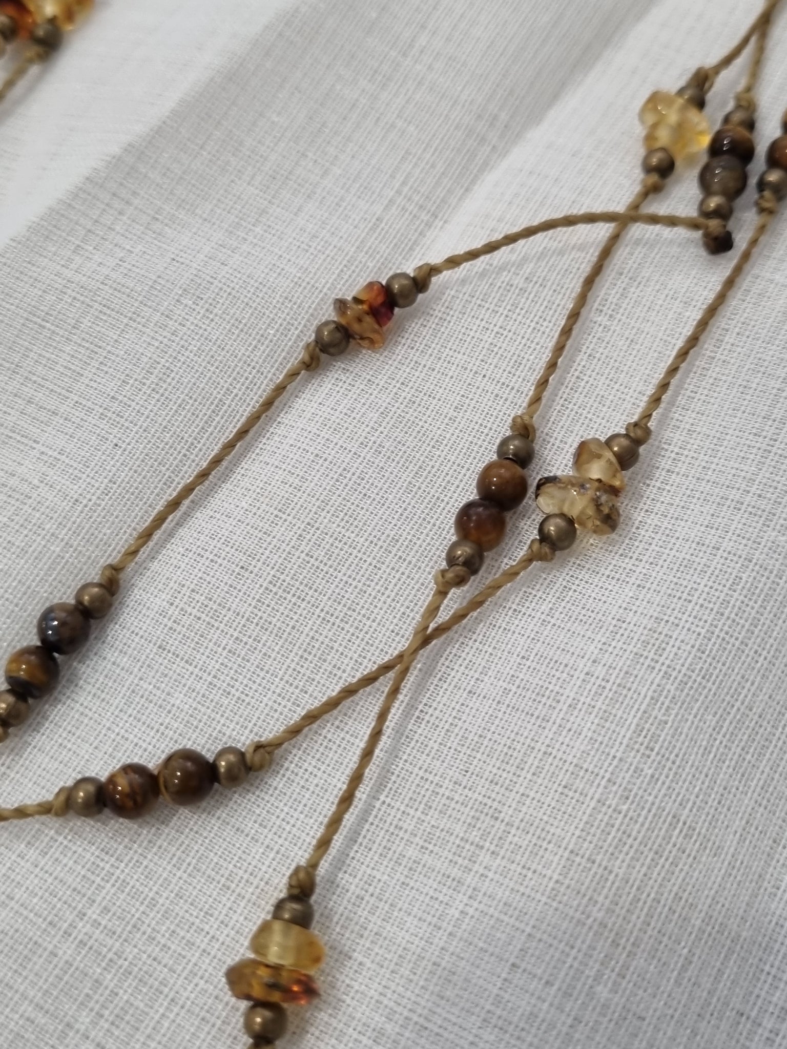 Handmade Amber, Tiger Eye & Pyrite Long Necklace