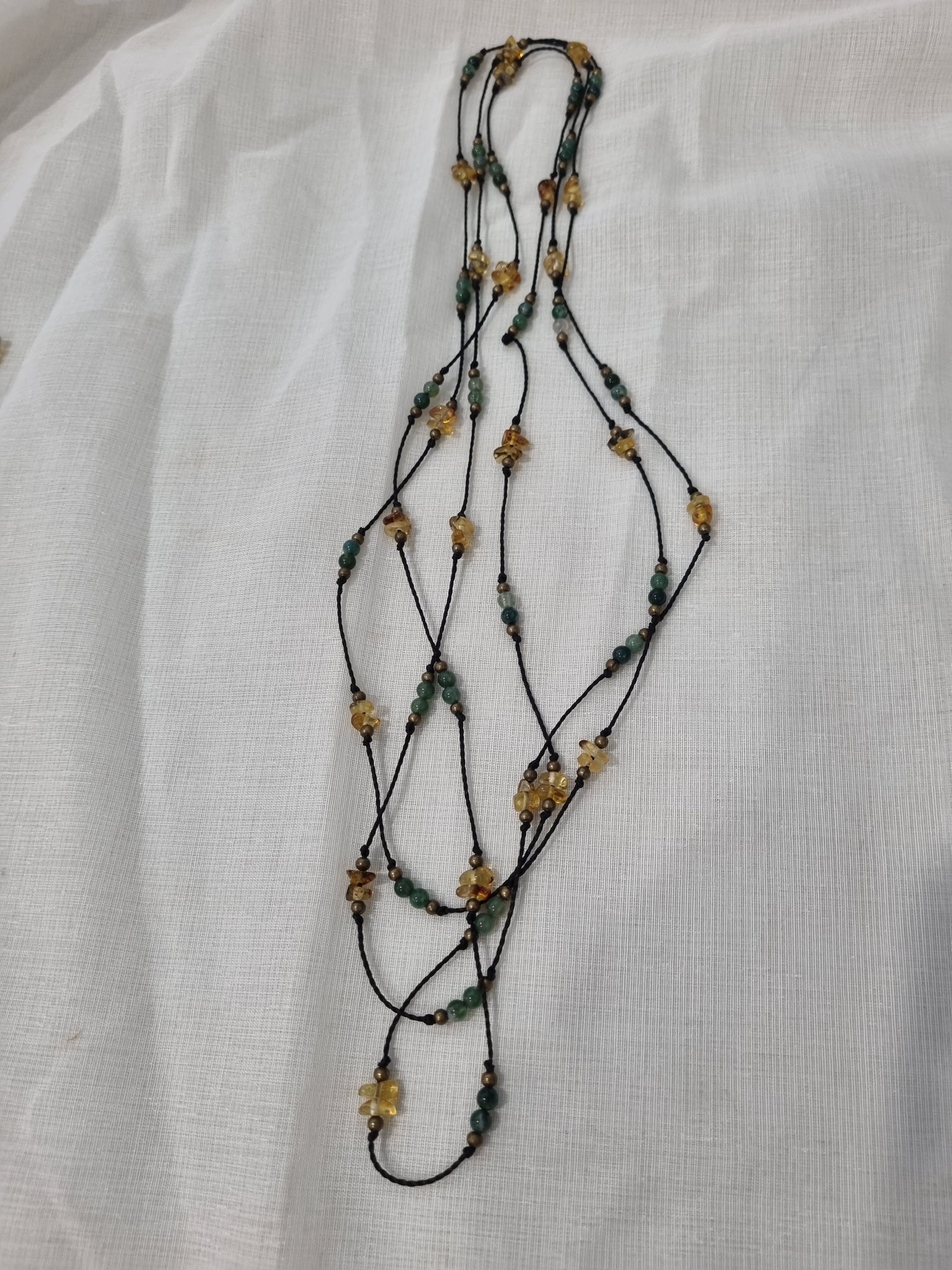 Handmade Amber, Jade & Pyrite Long Necklace
