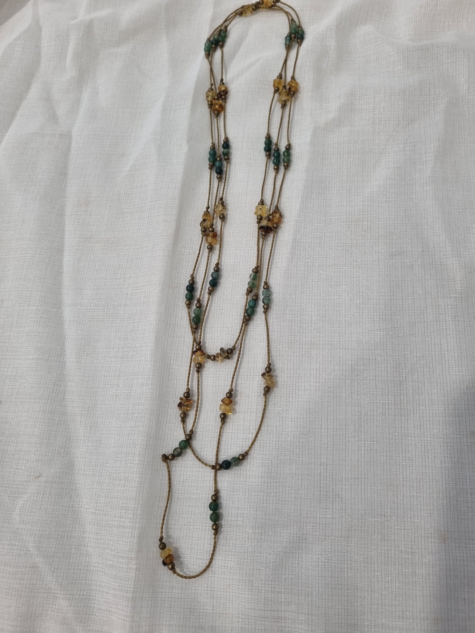 Handmade Amber, Jade & Pyrite Long Necklace