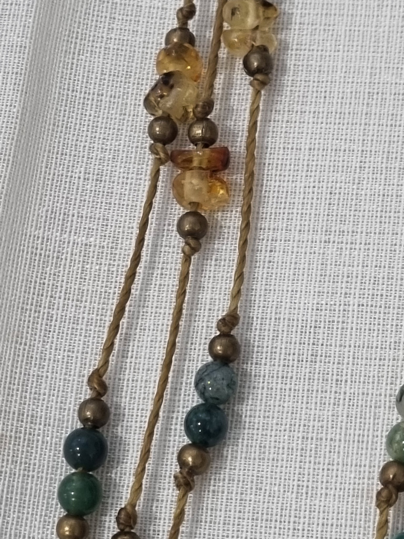 Handmade Amber, Jade & Pyrite Long Necklace