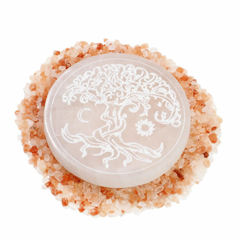 Selenite Round Engraved Plate Tree of Life