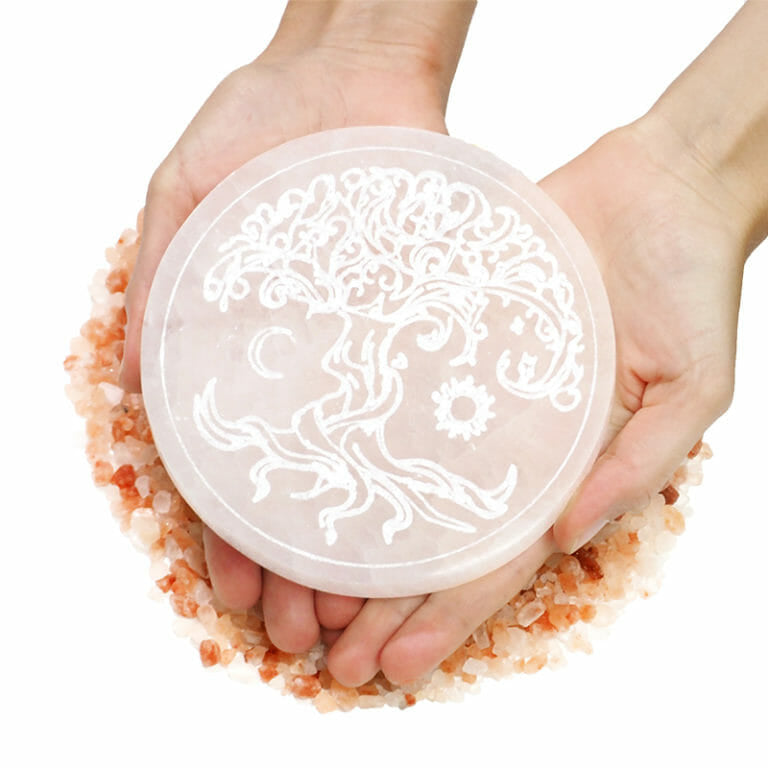 Selenite Round Engraved Plate Tree of Life