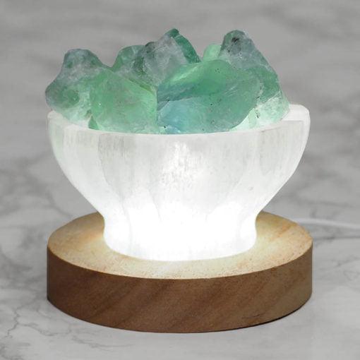 Selenite Fire Bowl With Rainbow Fluorite Rough on Large LED Base - Inspire Me Naturally 