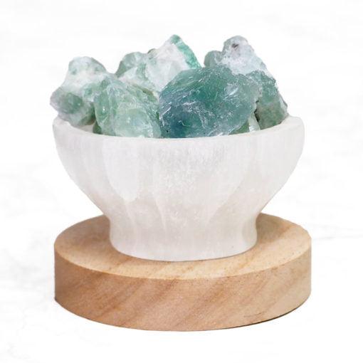 Selenite Fire Bowl With Rainbow Fluorite Rough on Large LED Base - Inspire Me Naturally 
