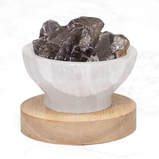 Selenite Fire Bowl With Smoky Quartz Rough on Large LED Base - Inspire Me Naturally 