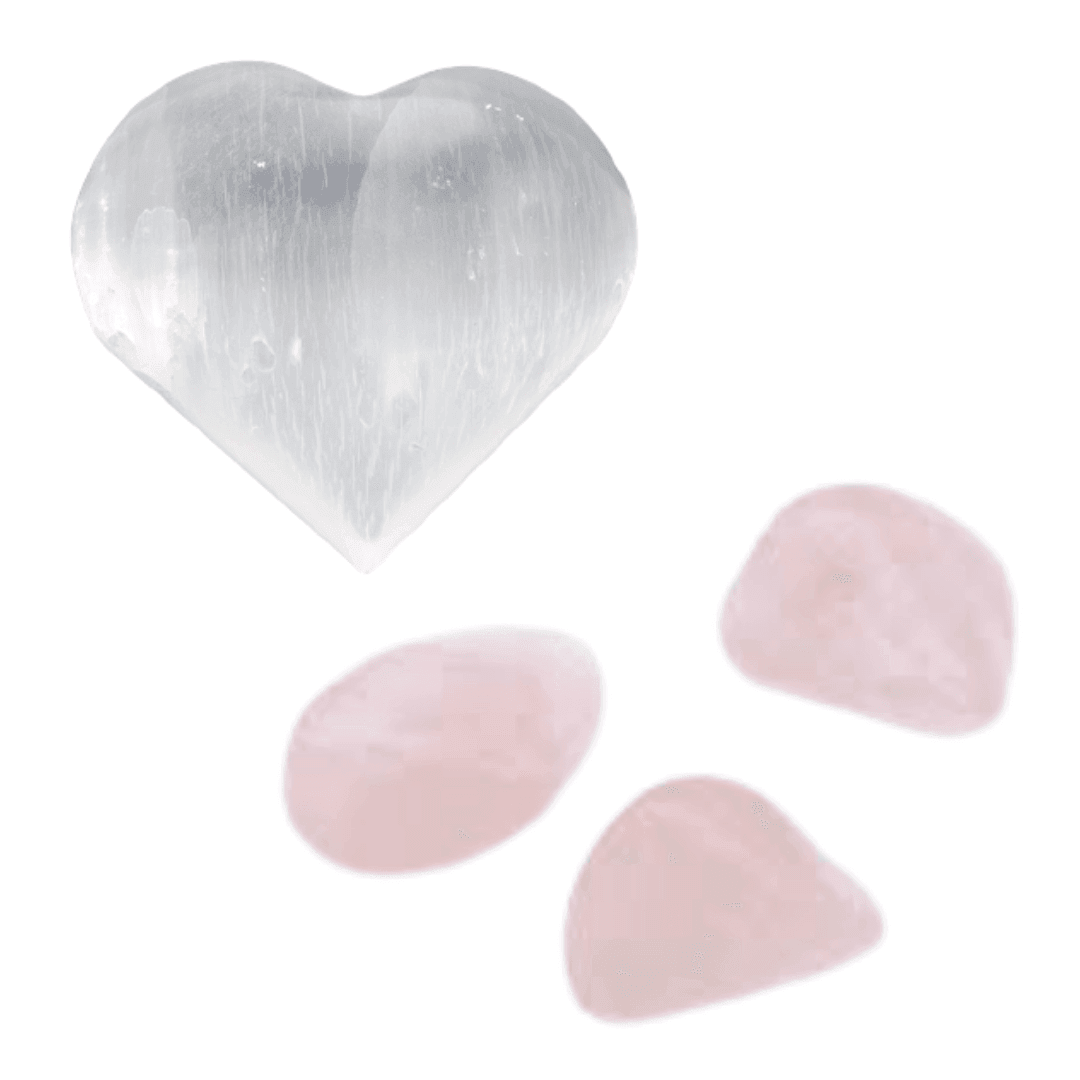 Selenite Heart & 3 Rose Quartz Tumbles - Inspire Me Naturally 